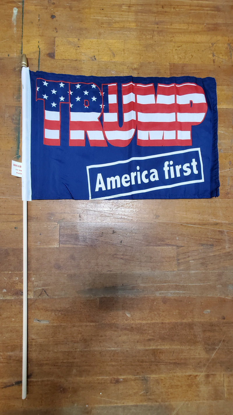 12 Stick Flags Gold Painted Wood Spear Collectors Items TRUMP AMERICA FIRST- 12x18 Rough Tex ®