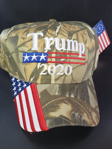 TRUMP 2020 CAMO COTTON CAPS EMBROIDERED US FLAG BILL