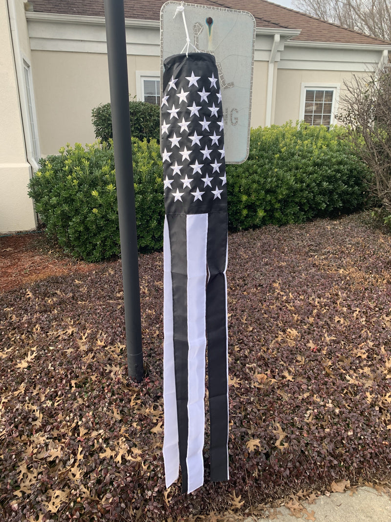 60" USA Police Memorial Blackout Embroidered Black & White Wind Sock 300D Nylon