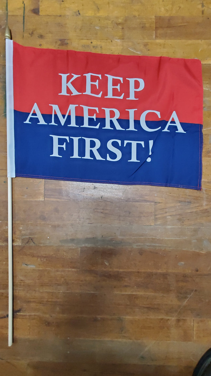 12 Keep America First KAF Red & Blue 12''X18'' Stick Flags - Rough Tex ®100D