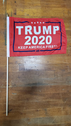 12 Stick Flags Gold Painted Wood Spear Collectors Items Red TRUMP 2020 KEEP AMERICA FIRST! - 12x18 Rough Tex ®