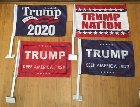 TRUMP CAR FLAGS:  TRUMP 2020, TRUMP NATION, TRUMP KEEP AMERICA FIRST (NAVY & RED) DOUBLE SIDED ROUGH KNIT ®