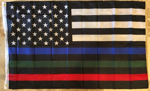 USA MEMORIAL OFFICIAL SERVICE SUPPORTERS FLAG (POLICE, MILITARY & FIRE RESCUE) FLAG THIN BLUE GREEN RED LINE AMERICAN FLAG 3X5 150D ROUGH TEX ® NYLON