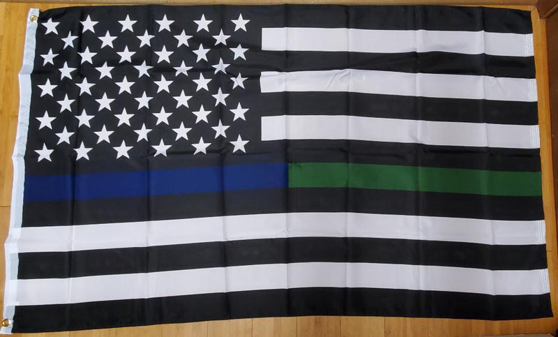 US Military and Police Memorial Thin Blue Green Line 3'X5' Flag Rough Tex® 68D Nylon